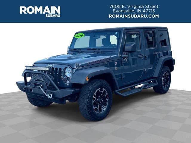 2016 Jeep Wrangler Unlimited Rubicon in Rhino Clearcoat — front three-quarter view
