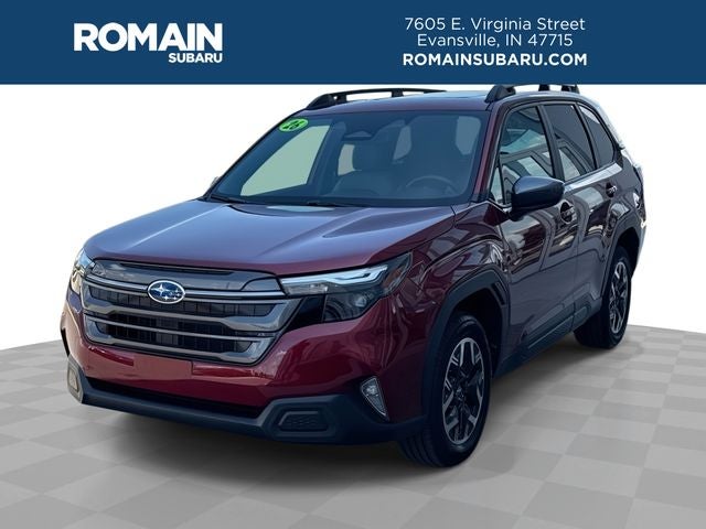 2026 Subaru Forester Premium in Crimson Red Pearl — front three-quarter view