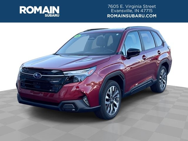 2026 Subaru Forester Touring in Crimson Red Pearl — front three-quarter view