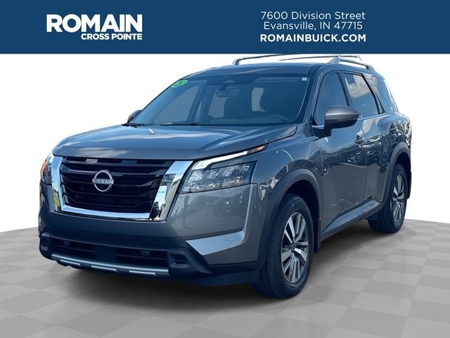 2025 Nissan Pathfinder SL in Gun Metallic — front three-quarter view