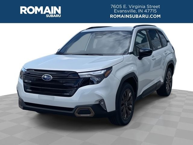 2025 Subaru Forester Sport in Crystal White Pearl — front three-quarter view
