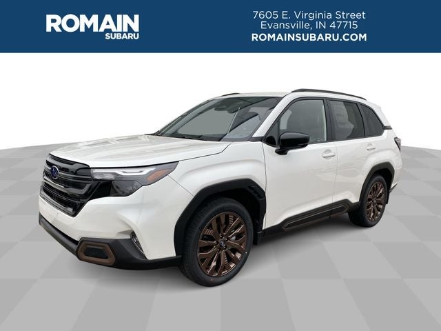 2025 Subaru Forester Sport in Crystal White Pearl — front three-quarter view