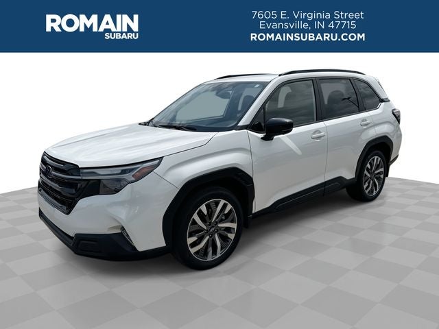 2025 Subaru Forester Touring in Crystal White Pearl — front three-quarter view