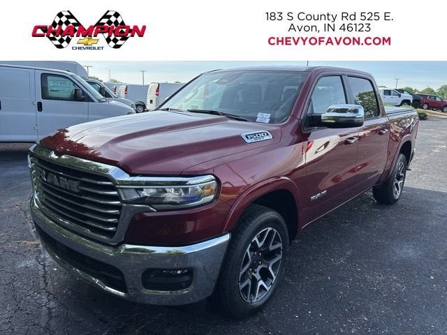 2025 RAM 1500 Laramie in Dark Red — front three-quarter view